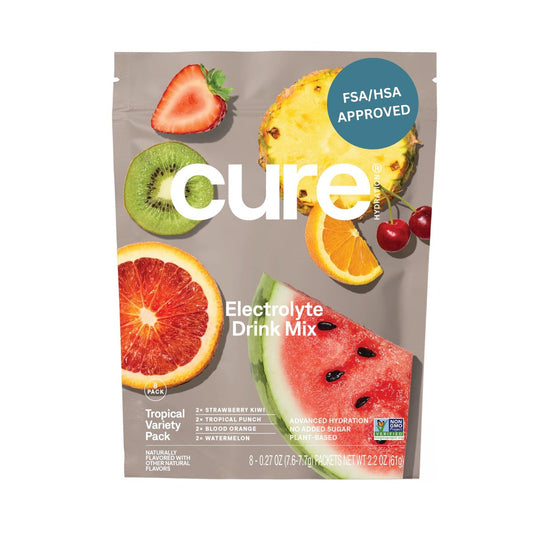 Cure Hydration | Pflanzlicher Elektrolyt-Drink-Mix | Ohne Zuckerzusatz | FSA-HSA | Dehydrationshilfe mit Kokoswasser | Non-GMO | Vegan | 8 Portionen - Tropische Sortenvielfalt