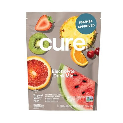 Cure Hydration | Pflanzlicher Elektrolyt-Drink-Mix | Ohne Zuckerzusatz | FSA-HSA | Dehydrationshilfe mit Kokoswasser | Non-GMO | Vegan | 8 Portionen - Tropische Sortenvielfalt