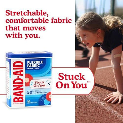 BAND-AID Marke flexible Stoff-Pflaster, komfortabler steriler Schutz & Wundversorgung für kleine Schnitte & Verbrennungen, Jubiläumsdose, verschiedene Größen, 50 Stück