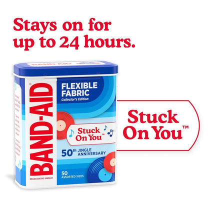 BAND-AID Marke flexible Stoff-Pflaster, komfortabler steriler Schutz & Wundversorgung für kleine Schnitte & Verbrennungen, Jubiläumsdose, verschiedene Größen, 50 Stück
