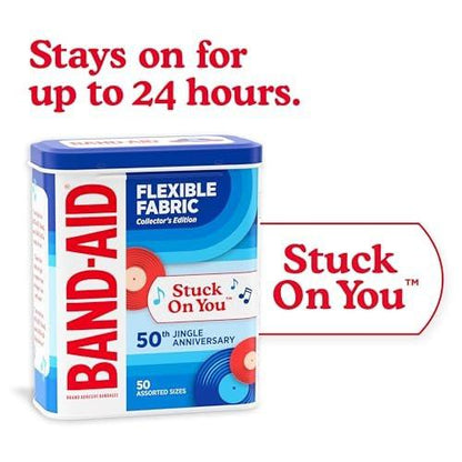 BAND-AID Marke flexible Stoff-Pflaster, komfortabler steriler Schutz & Wundversorgung für kleine Schnitte & Verbrennungen, Jubiläumsdose, verschiedene Größen, 50 Stück