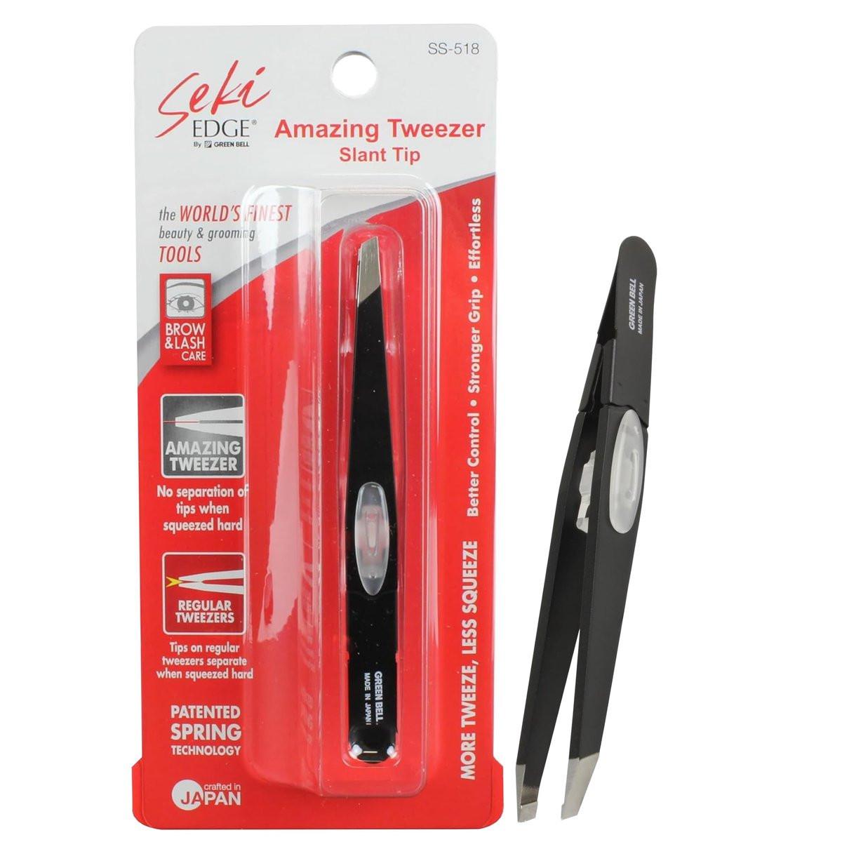 SEKI EDGE SS-518 Amazing Tweezer - Schrägspitze mit Spannungsstopper - Edelstahl - Schwarz - Präzise und makellose Augenbrauen- und Haarentfernung - Hergestellt in Japan