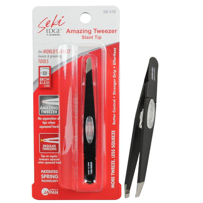 SEKI EDGE SS-518 Amazing Tweezer - Schrägspitze mit Spannungsstopper - Edelstahl - Schwarz - Präzise und makellose Augenbrauen- und Haarentfernung - Hergestellt in Japan