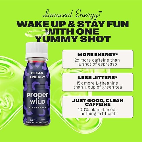 Proper Wild Vegane Energie-Shots mit L-Theanin und Bio-Koffein – Sauberer pflanzlicher Energydrink, glutenfrei, GMO-frei, milchfrei, steviafrei, sojafrei, Brombeere, 2,5 Fl Oz, 6er Pack