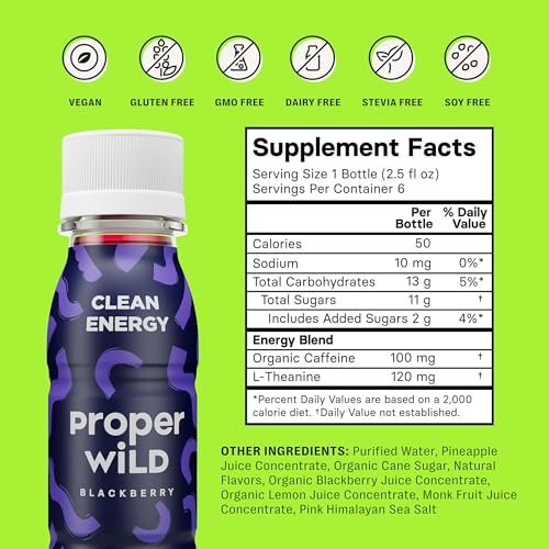 Proper Wild Vegane Energie-Shots mit L-Theanin und Bio-Koffein – Sauberer pflanzlicher Energydrink, glutenfrei, GMO-frei, milchfrei, steviafrei, sojafrei, Brombeere, 2,5 Fl Oz, 6er Pack