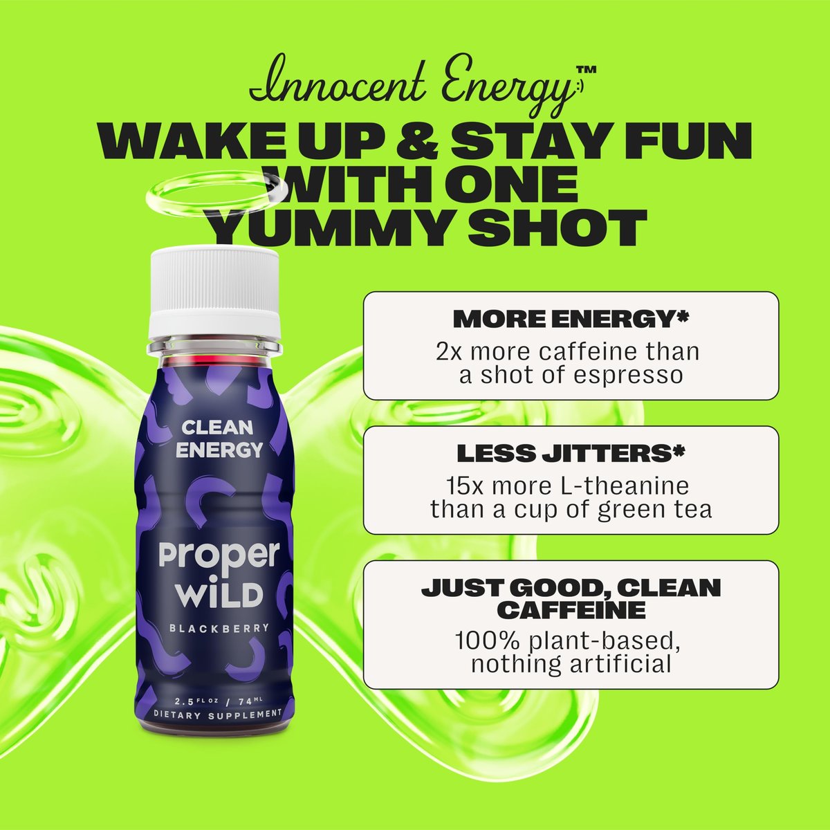 Proper Wild Vegane Energie-Shots mit L-Theanin und Bio-Koffein – Sauberer pflanzlicher Energydrink, glutenfrei, GMO-frei, milchfrei, steviafrei, sojafrei, Brombeere, 2,5 Fl Oz, 6er Pack