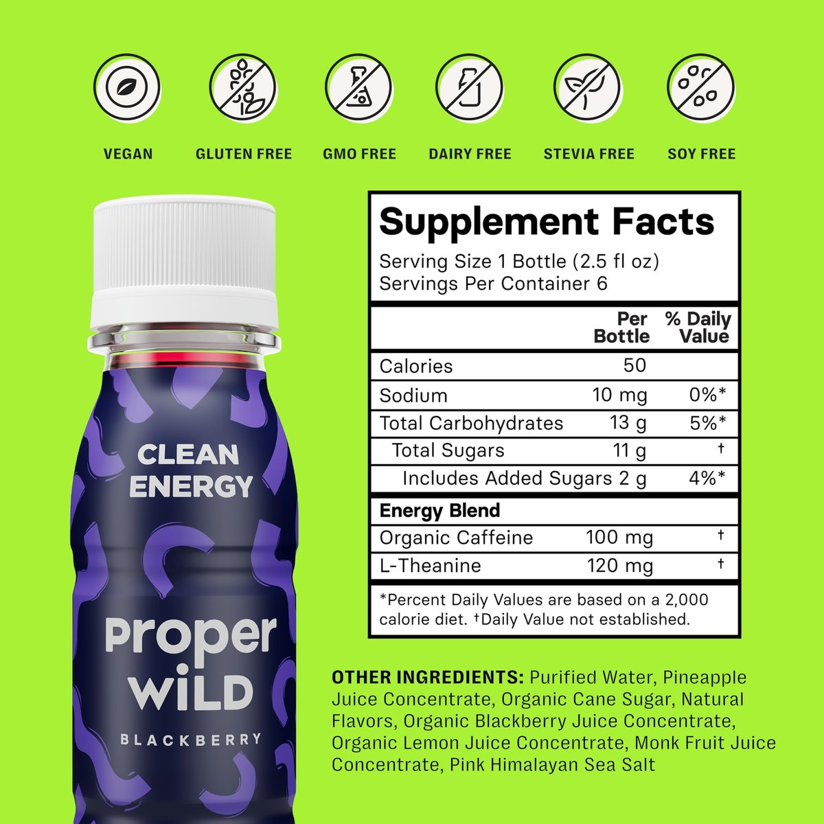 Proper Wild Vegane Energie-Shots mit L-Theanin und Bio-Koffein – Sauberer pflanzlicher Energydrink, glutenfrei, GMO-frei, milchfrei, steviafrei, sojafrei, Brombeere, 2,5 Fl Oz, 6er Pack