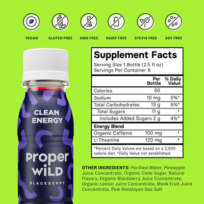 Proper Wild Vegane Energie-Shots mit L-Theanin und Bio-Koffein – Sauberer pflanzlicher Energydrink, glutenfrei, GMO-frei, milchfrei, steviafrei, sojafrei, Brombeere, 2,5 Fl Oz, 6er Pack