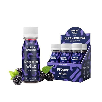 Proper Wild Vegane Energie-Shots mit L-Theanin und Bio-Koffein – Sauberer pflanzlicher Energydrink, glutenfrei, GMO-frei, milchfrei, steviafrei, sojafrei, Brombeere, 2,5 Fl Oz, 6er Pack