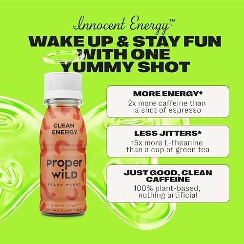 Proper Wild Vegane Energy Shots mit L-Theanin & Bio-Koffein – Pfirsich Mango, 2,5 Fl Oz (6er-Pack)