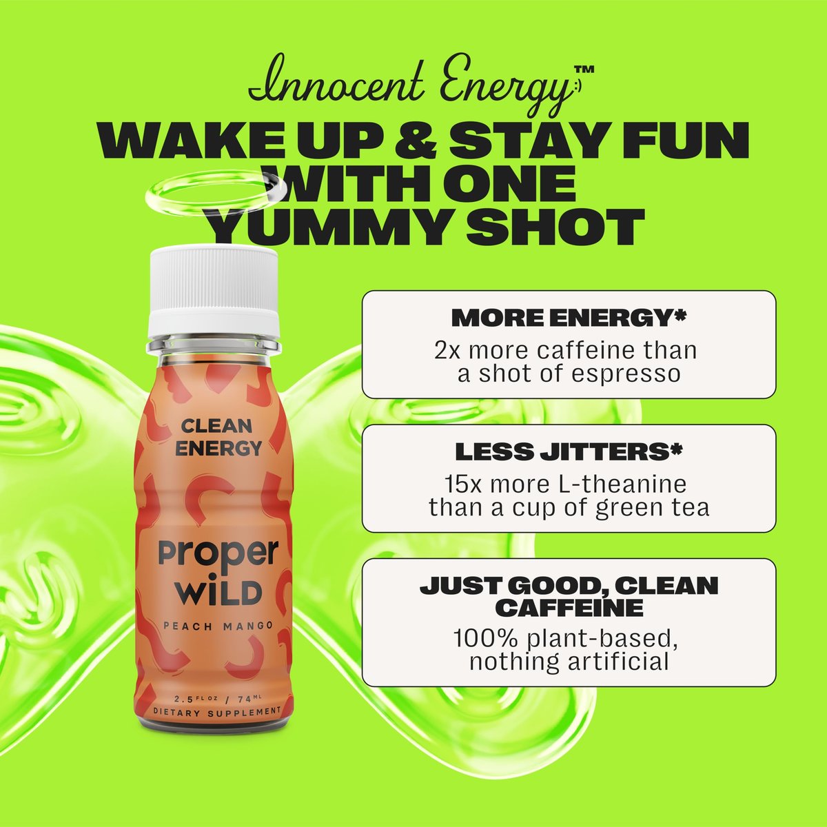 Proper Wild Vegan Energy Shots mit L-Theanin und Bio-Koffein – Saubere pflanzliche Energie, Originale Sorte, 6er-Pack (je 2,5 Fl Oz)