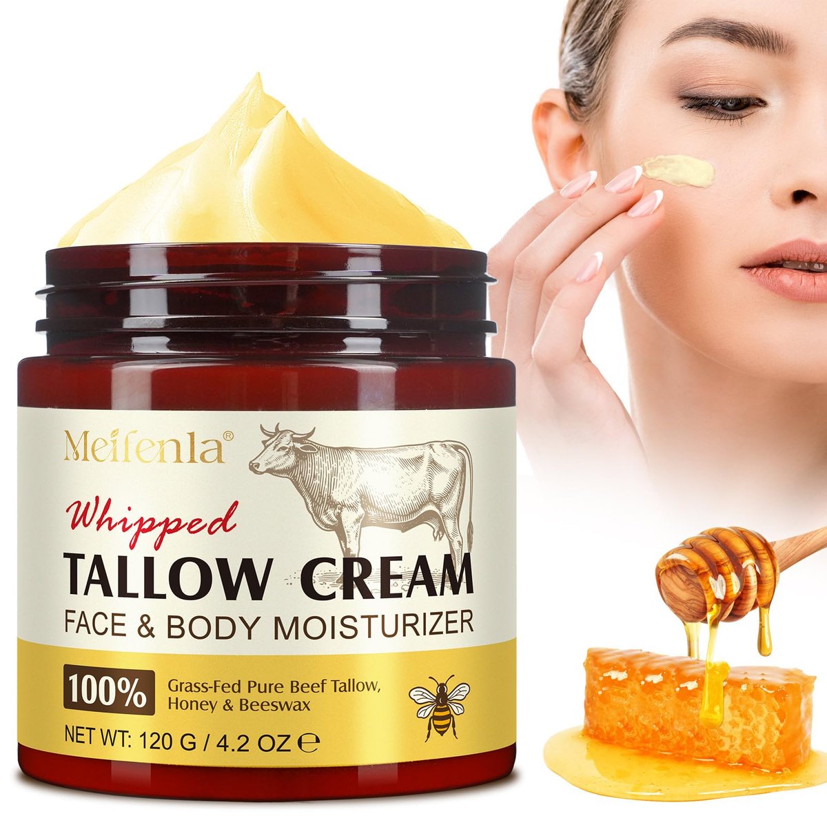 Meifenla Rindertalgcreme mit Honig – Natürliche Gesichtsfeuchtigkeitscreme für Hautpflege, 120 g