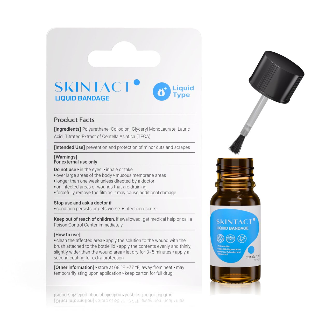 SkinTact Flüssigpflaster mit Centella Asiatica Extrakt & Glyceryl Monolaurat – Lang anhaltender, wasserdichter, transparenter Schutz für kleine Schnitte und Schrammen – Für die Hausapotheke, 0,3 oz