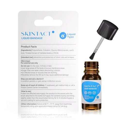 SkinTact Flüssigpflaster mit Centella Asiatica Extrakt & Glyceryl Monolaurat – Lang anhaltender, wasserdichter, transparenter Schutz für kleine Schnitte und Schrammen – Für die Hausapotheke, 0,3 oz