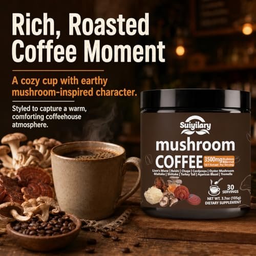 Suiyilary 10 Pilz Kaffee mit Arabica, Löwenmähne, Reishi, Pilz-Polysacchariden & mehr – Instant-Pilzpulver für Fokus, Immunität, Gedächtnis & Klarheit – 30 Portionen