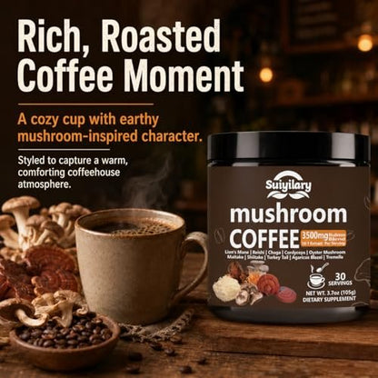 Suiyilary 10 Pilz Kaffee mit Arabica, Löwenmähne, Reishi, Pilz-Polysacchariden & mehr – Instant-Pilzpulver für Fokus, Immunität, Gedächtnis & Klarheit – 30 Portionen