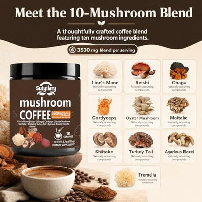 Suiyilary 10 Pilz Kaffee mit Arabica, Löwenmähne, Reishi, Pilz-Polysacchariden & mehr – Instant-Pilzpulver für Fokus, Immunität, Gedächtnis & Klarheit – 30 Portionen