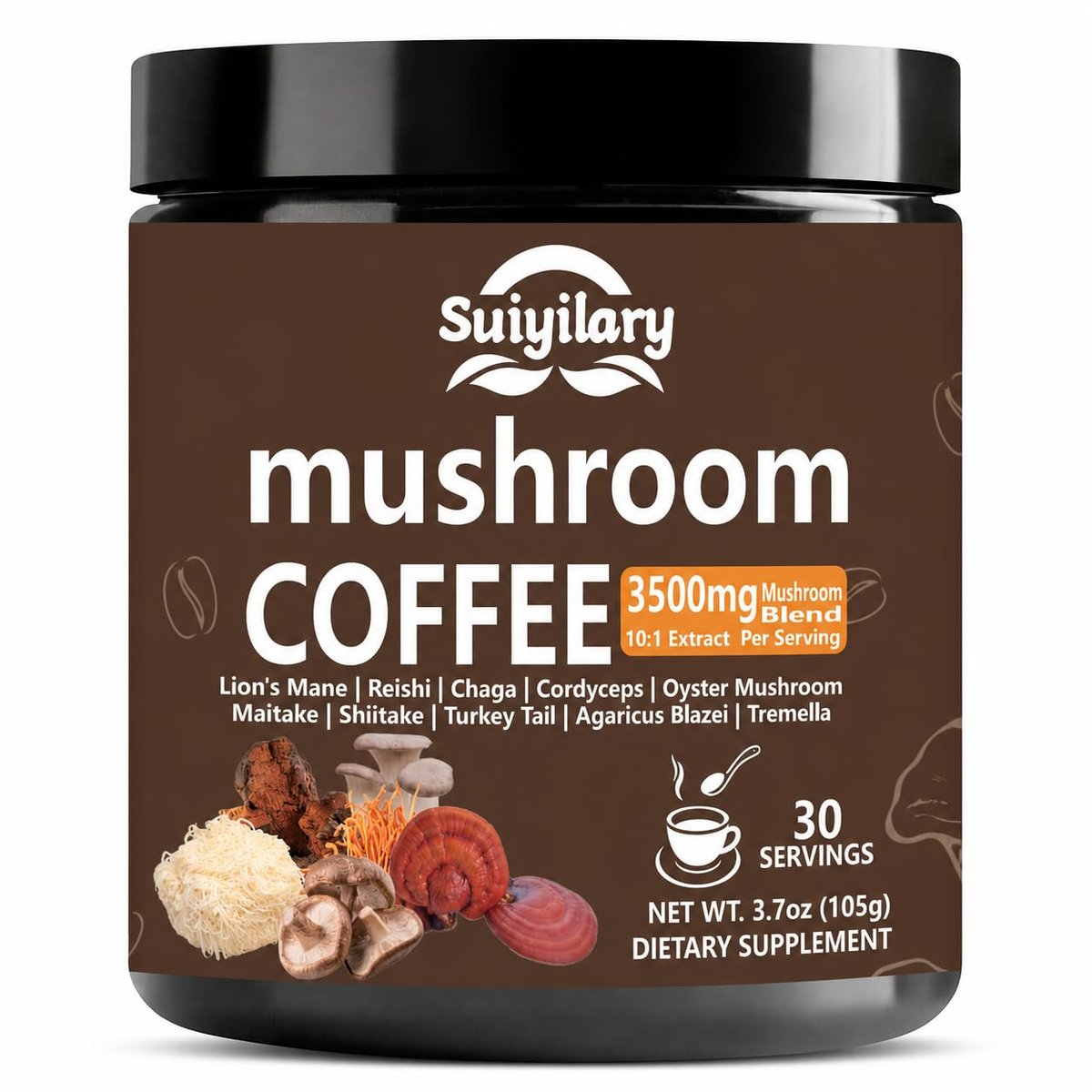 Suiyilary 10 Pilz Kaffee mit Arabica, Löwenmähne, Reishi, Pilz-Polysacchariden & mehr – Instant-Pilzpulver für Fokus, Immunität, Gedächtnis & Klarheit – 30 Portionen