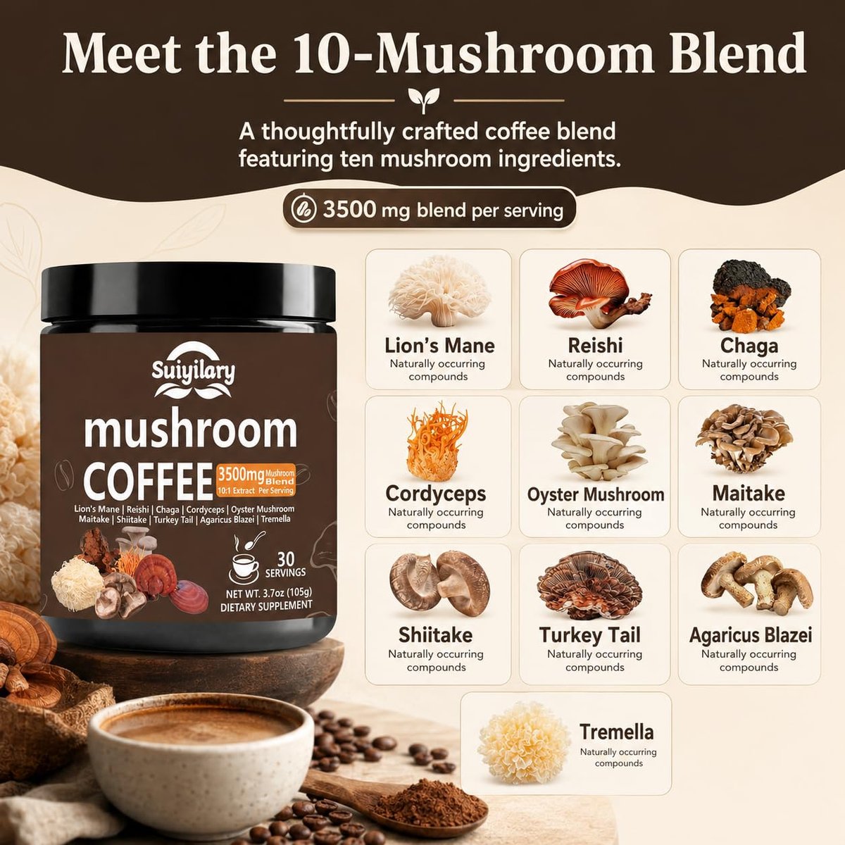 Suiyilary 10 Pilz Kaffee mit Arabica, Löwenmähne, Reishi, Pilz-Polysacchariden & mehr – Instant-Pilzpulver für Fokus, Immunität, Gedächtnis & Klarheit – 30 Portionen
