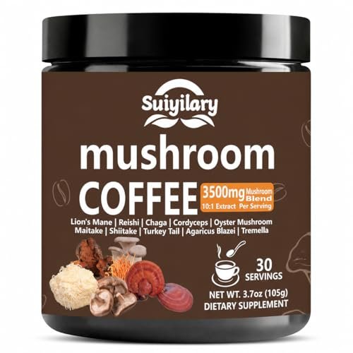 Suiyilary 10 Pilz Kaffee mit Arabica, Löwenmähne, Reishi, Pilz-Polysacchariden & mehr – Instant-Pilzpulver für Fokus, Immunität, Gedächtnis & Klarheit – 30 Portionen