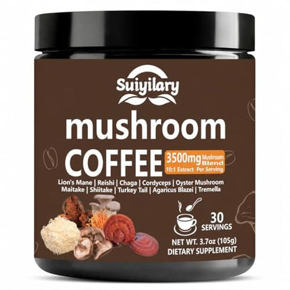 Suiyilary 10 Pilz Kaffee mit Arabica, Löwenmähne, Reishi, Pilz-Polysacchariden & mehr – Instant-Pilzpulver für Fokus, Immunität, Gedächtnis & Klarheit – 30 Portionen