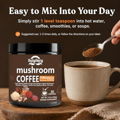 Suiyilary 10 Pilz Kaffee mit Arabica, Löwenmähne, Reishi, Pilz-Polysacchariden & mehr – Instant-Pilzpulver für Fokus, Immunität, Gedächtnis & Klarheit – 30 Portionen