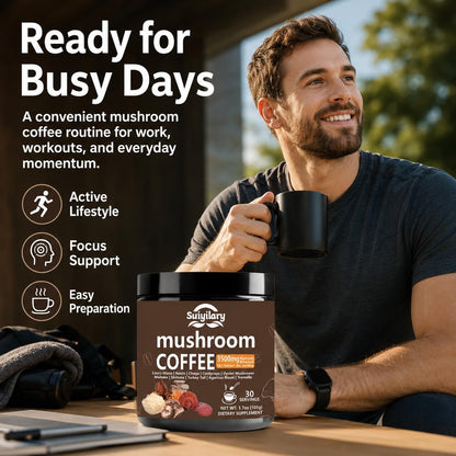 Suiyilary 10 Pilz Kaffee mit Arabica, Löwenmähne, Reishi, Pilz-Polysacchariden & mehr – Instant-Pilzpulver für Fokus, Immunität, Gedächtnis & Klarheit – 30 Portionen