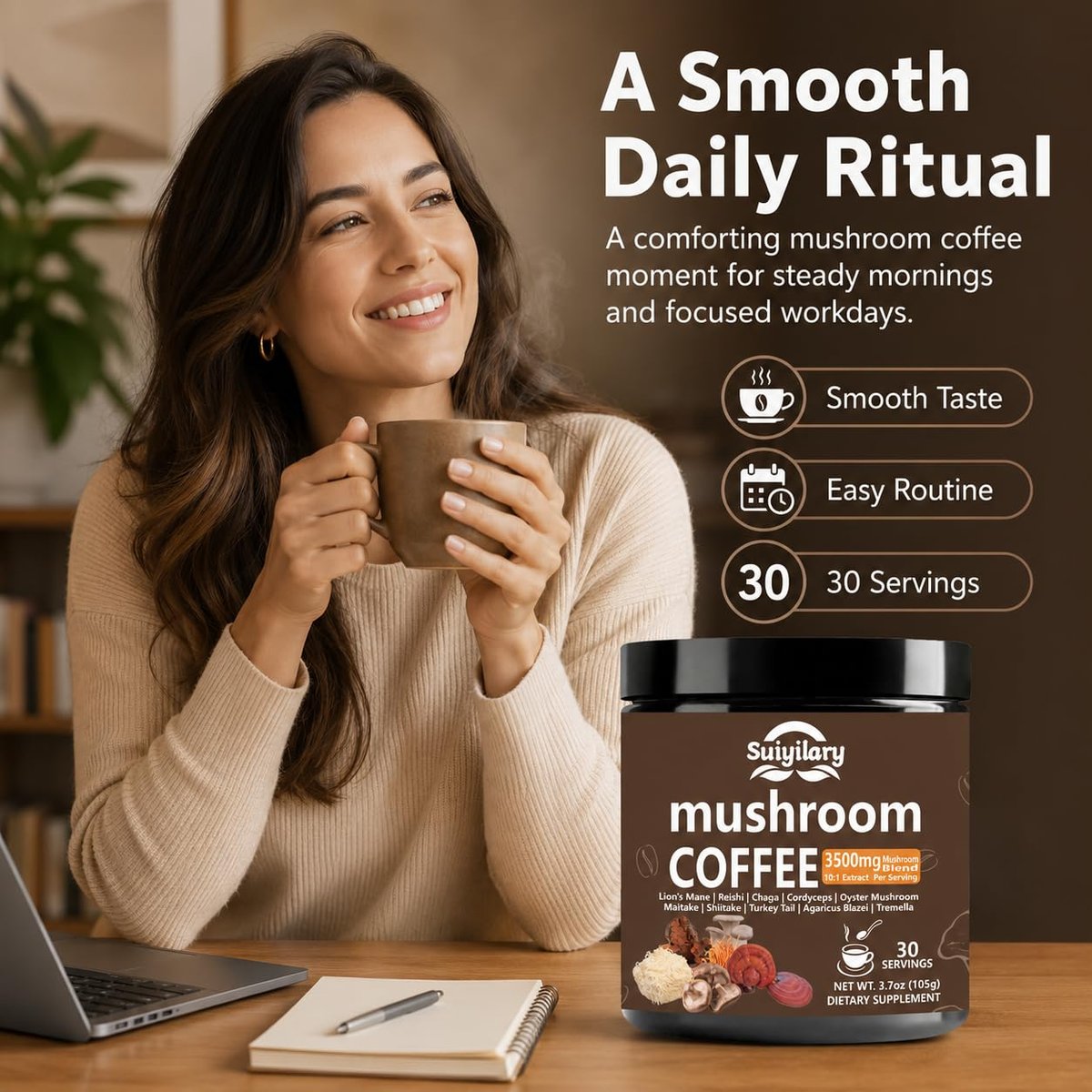 Suiyilary 10 Pilz Kaffee mit Arabica, Löwenmähne, Reishi, Pilz-Polysacchariden & mehr – Instant-Pilzpulver für Fokus, Immunität, Gedächtnis & Klarheit – 30 Portionen