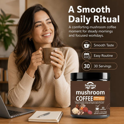 Suiyilary 10 Pilz Kaffee mit Arabica, Löwenmähne, Reishi, Pilz-Polysacchariden & mehr – Instant-Pilzpulver für Fokus, Immunität, Gedächtnis & Klarheit – 30 Portionen