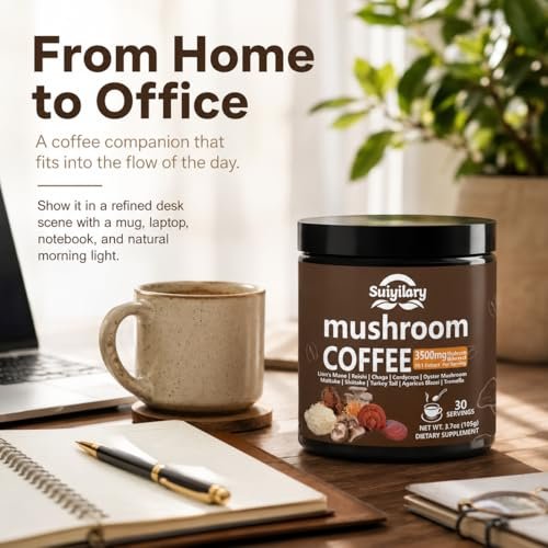 Suiyilary 10 Pilz Kaffee mit Arabica, Löwenmähne, Reishi, Pilz-Polysacchariden & mehr – Instant-Pilzpulver für Fokus, Immunität, Gedächtnis & Klarheit – 30 Portionen