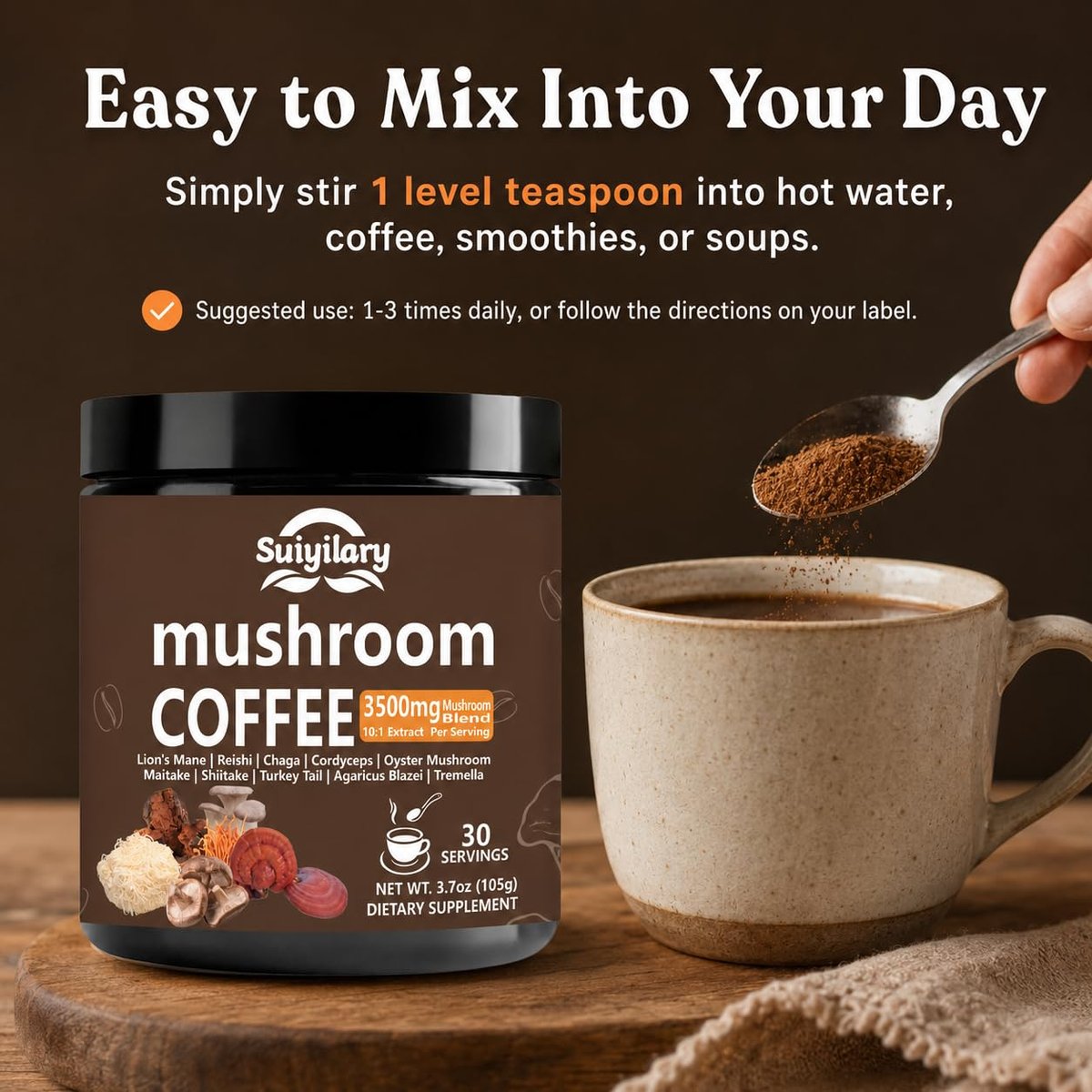 Suiyilary 10 Pilz Kaffee mit Arabica, Löwenmähne, Reishi, Pilz-Polysacchariden & mehr – Instant-Pilzpulver für Fokus, Immunität, Gedächtnis & Klarheit – 30 Portionen