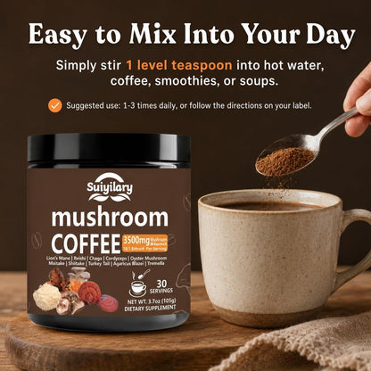 Suiyilary 10 Pilz Kaffee mit Arabica, Löwenmähne, Reishi, Pilz-Polysacchariden & mehr – Instant-Pilzpulver für Fokus, Immunität, Gedächtnis & Klarheit – 30 Portionen