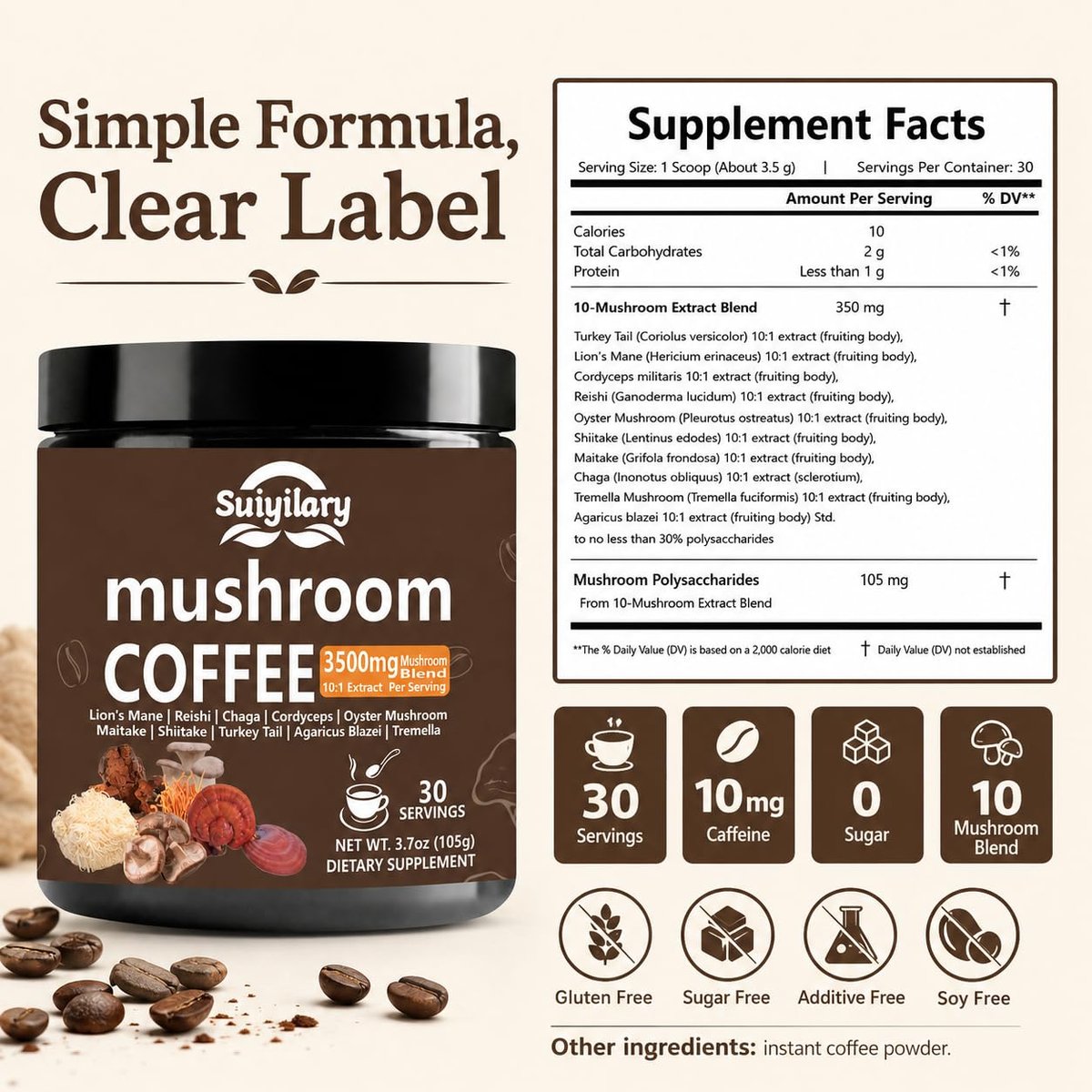 Suiyilary 10 Pilz Kaffee mit Arabica, Löwenmähne, Reishi, Pilz-Polysacchariden & mehr – Instant-Pilzpulver für Fokus, Immunität, Gedächtnis & Klarheit – 30 Portionen