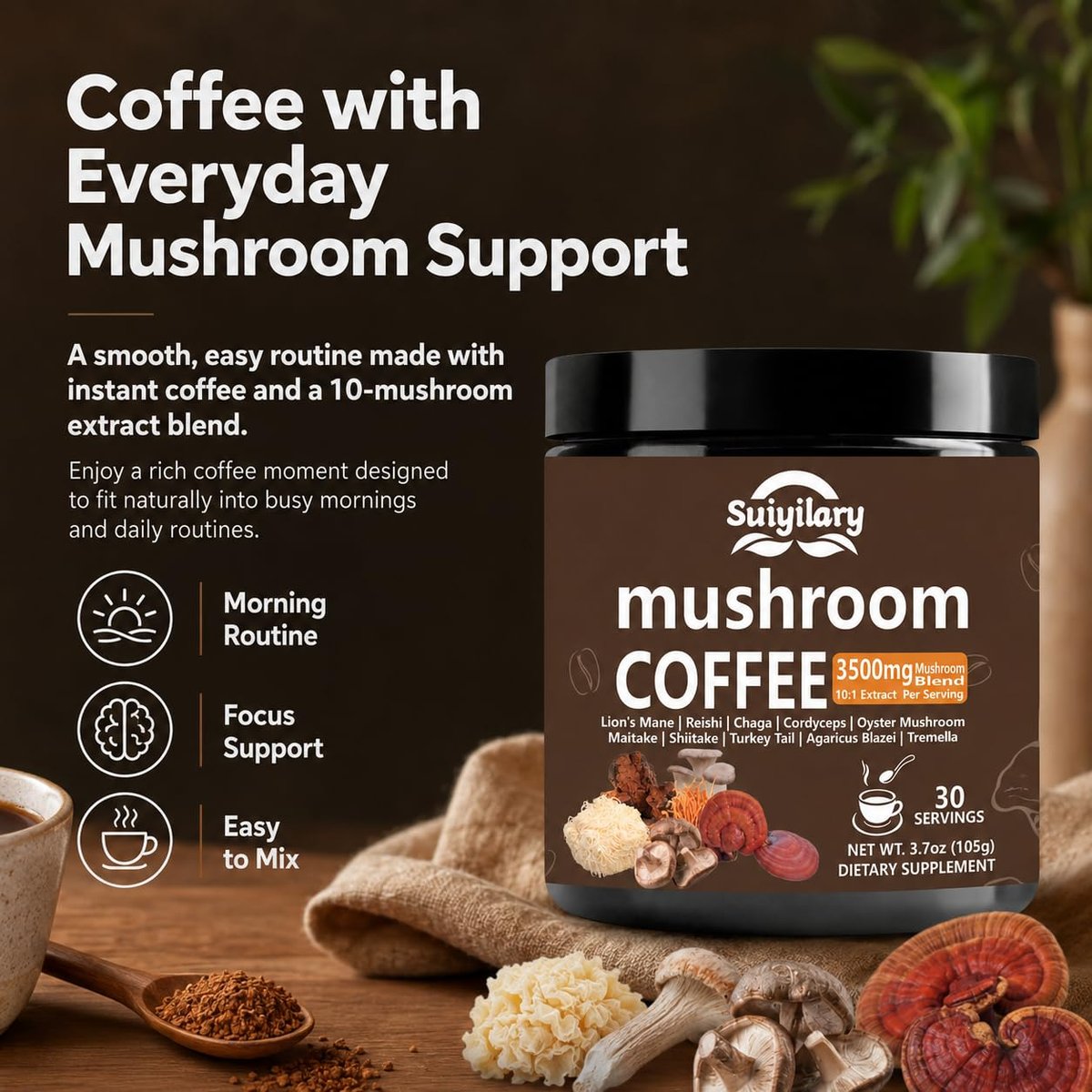 Suiyilary 10 Pilz Kaffee mit Arabica, Löwenmähne, Reishi, Pilz-Polysacchariden & mehr – Instant-Pilzpulver für Fokus, Immunität, Gedächtnis & Klarheit – 30 Portionen