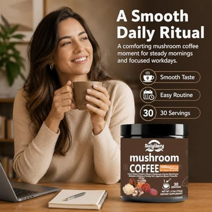 Suiyilary 10 Pilz Kaffee mit Arabica, Löwenmähne, Reishi, Pilz-Polysacchariden & mehr – Instant-Pilzpulver für Fokus, Immunität, Gedächtnis & Klarheit – 30 Portionen