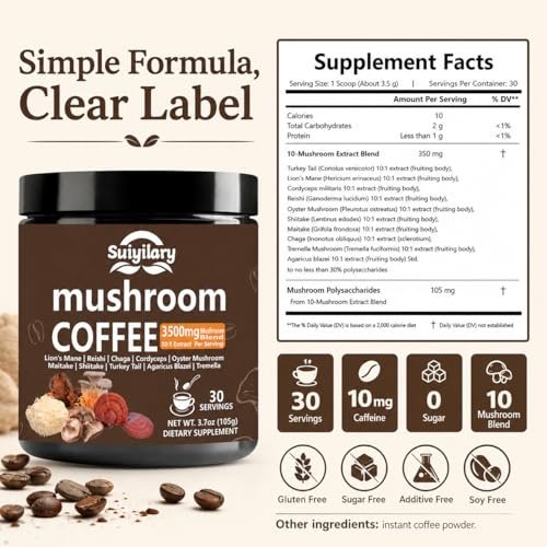 Suiyilary 10 Pilz Kaffee mit Arabica, Löwenmähne, Reishi, Pilz-Polysacchariden & mehr – Instant-Pilzpulver für Fokus, Immunität, Gedächtnis & Klarheit – 30 Portionen