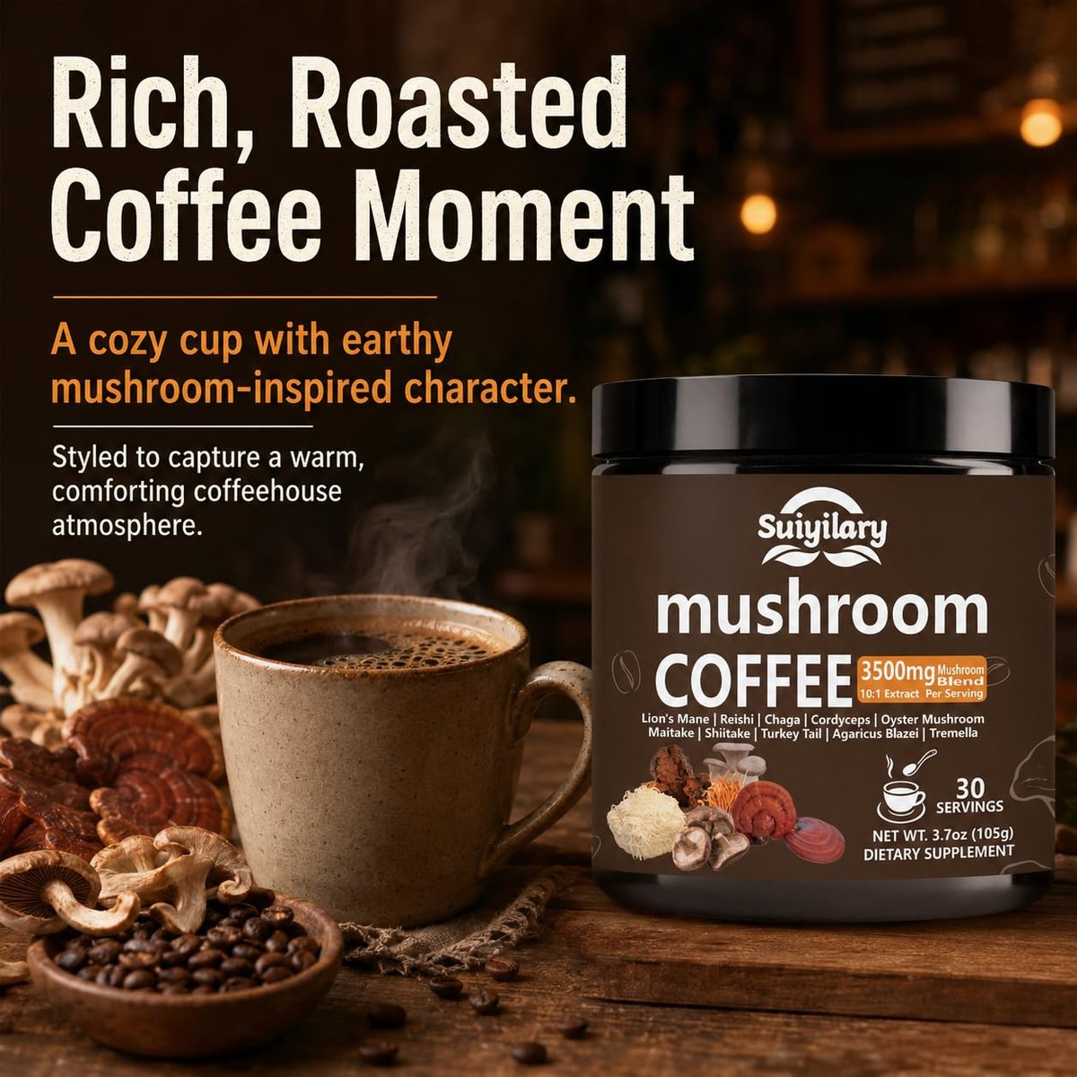 Suiyilary 10 Pilz Kaffee mit Arabica, Löwenmähne, Reishi, Pilz-Polysacchariden & mehr – Instant-Pilzpulver für Fokus, Immunität, Gedächtnis & Klarheit – 30 Portionen