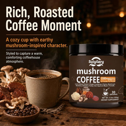Suiyilary 10 Pilz Kaffee mit Arabica, Löwenmähne, Reishi, Pilz-Polysacchariden & mehr – Instant-Pilzpulver für Fokus, Immunität, Gedächtnis & Klarheit – 30 Portionen