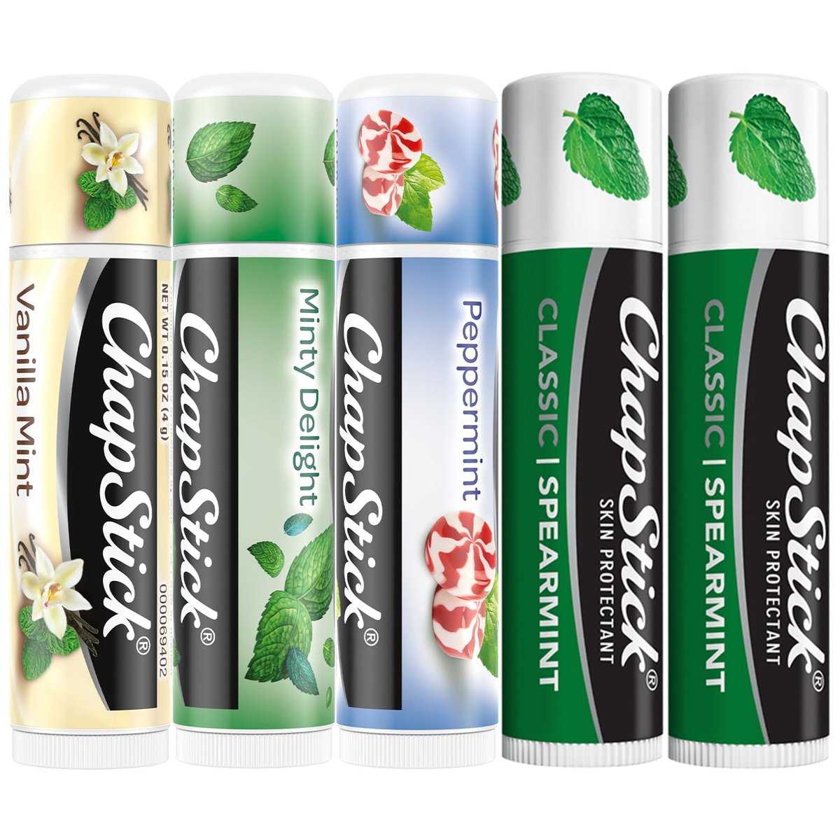 ChapStick Lippenbalsam Mint Favorites (Vanille Minze, Minty Delight und Pfefferminze) + 2 Classic Spearmint, 0,15 Oz (5er Set)