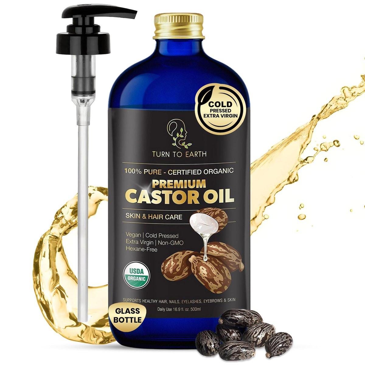 Bio Rizinusöl, kaltgepresst, in Glasflasche, USDA-zertifiziert, unraffiniert, hexanfrei, für Haarwachstum, strahlende Haut, Augenbrauen, Wimpern und volleres Haar, 500 ml mit Pumpe (hergestellt in den USA)