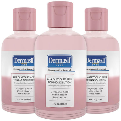 Dermasil AHA Glykolsäure Tonic Solution 3er-Pack – Peeling-Toner für das Gesicht mit Rosenwasser, Hamamelis und Hyaluronsäure, je 118 ml