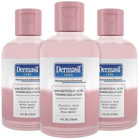 Dermasil AHA Glykolsäure Tonic Solution 3er-Pack – Peeling-Toner für das Gesicht mit Rosenwasser, Hamamelis und Hyaluronsäure, je 118 ml