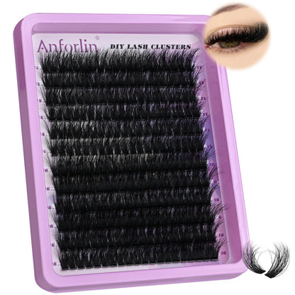 Anforlin Wimperncluster 14-16mm, 240 Stück, 100D Volumen, D Curl, Pflanzenfaser, DIY Wimpernverlängerung für zu Hause
