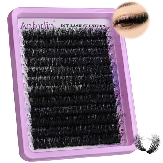 Anforlin Wimperncluster 14-16mm, 240 Stück, 100D Volumen, D Curl, Pflanzenfaser, DIY Wimpernverlängerung für zu Hause