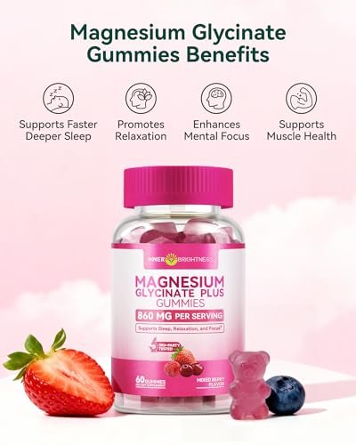 Magnesium Glycinat Plus Gummies 860 mg, Zuckerfrei, Nicht-GVO, Glutenfrei, Magnesium Gummis für Erwachsene & Kinder, Schlaf, Entspannung & Fokus, Magnesium Ergänzung für Frauen, Gemischter Beerengeschmack, 120 Stück