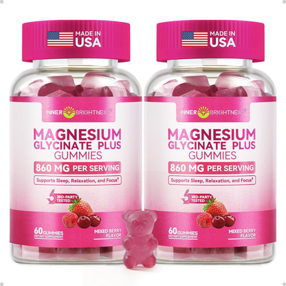 Magnesium Glycinat Plus Gummies 860 mg, Zuckerfrei, Nicht-GVO, Glutenfrei, Magnesium Gummis für Erwachsene & Kinder, Schlaf, Entspannung & Fokus, Magnesium Ergänzung für Frauen, Gemischter Beerengeschmack, 120 Stück