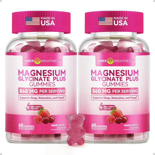 Magnesium Glycinat Plus Gummies 860 mg, Zuckerfrei, Nicht-GVO, Glutenfrei, Magnesium Gummis für Erwachsene & Kinder, Schlaf, Entspannung & Fokus, Magnesium Ergänzung für Frauen, Gemischter Beerengeschmack, 120 Stück