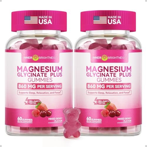 Magnesium Glycinat Plus Gummies 860 mg, Zuckerfrei, Nicht-GVO, Glutenfrei, Magnesium Gummis für Erwachsene & Kinder, Schlaf, Entspannung & Fokus, Magnesium Ergänzung für Frauen, Gemischter Beerengeschmack, 120 Stück