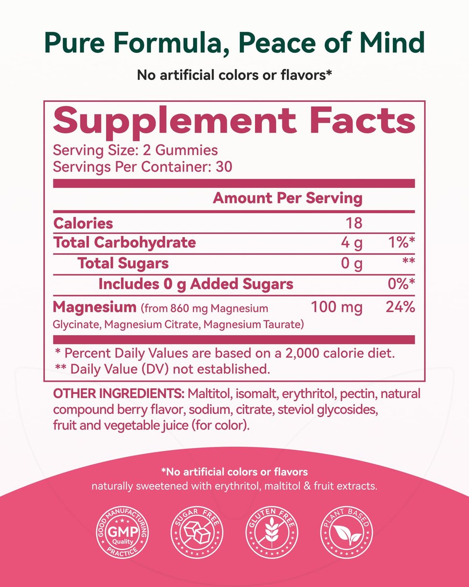 Magnesium Glycinat Plus Gummies 860 mg, Zuckerfrei, Nicht-GVO, Glutenfrei, Magnesium Gummis für Erwachsene & Kinder, Schlaf, Entspannung & Fokus, Magnesium Ergänzung für Frauen, Gemischter Beerengeschmack, 120 Stück