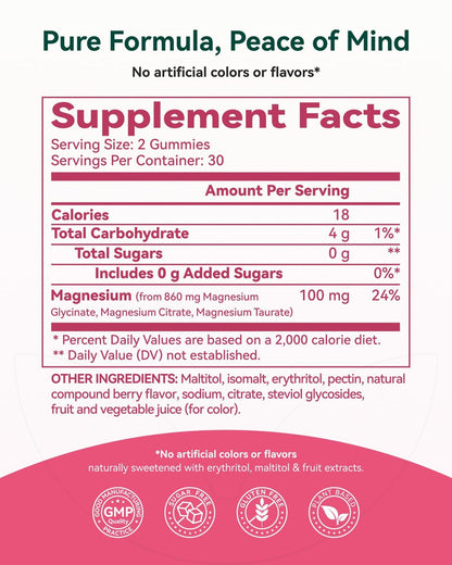Magnesium Glycinat Plus Gummies 860 mg, Zuckerfrei, Nicht-GVO, Glutenfrei, Magnesium Gummis für Erwachsene & Kinder, Schlaf, Entspannung & Fokus, Magnesium Ergänzung für Frauen, Gemischter Beerengeschmack, 120 Stück